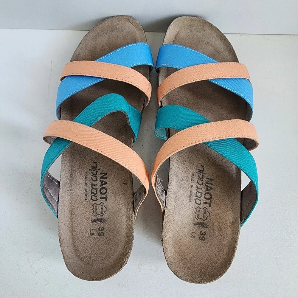 Naot Roxanna Strappy Cork Wedge Sandals Blue Teal Peach Size 39 / W 8-8.5